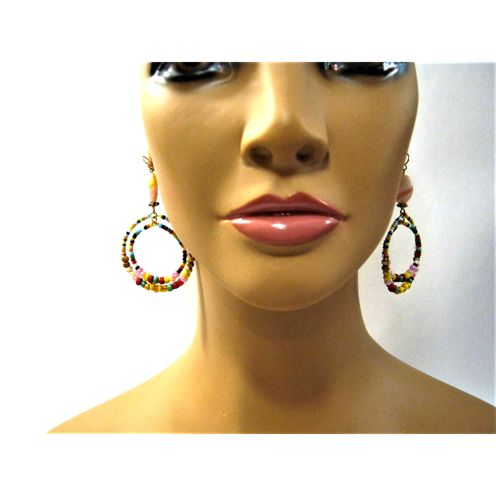 Handmade Colorful large double Hoop Boho style Earrings 2.5 inch long
